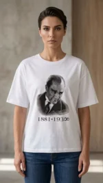 Atatürk Baskılı Tişört Kısa Kollu Bisiklet Yaka T-Shirt - Beyaz - Görsel 3