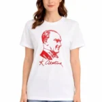 Atatürk Baskılı Tişört Kısa Kollu Bisiklet Yaka T-Shirt - Beyaz