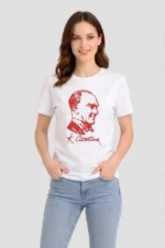 Atatürk Baskılı Tişört Kısa Kollu Bisiklet Yaka T-Shirt - Beyaz - Görsel 2