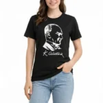 Atatürk Baskılı Tişört Kısa Kollu Bisiklet Yaka T-Shirt - Siyah
