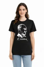 Atatürk Baskılı Tişört Kısa Kollu Bisiklet Yaka T-Shirt - Siyah - Görsel 3