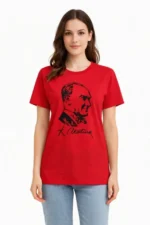 Atatürk Baskılı Tişört Kısa Kollu Bisiklet Yaka  T-Shirt - Kırmızı - Görsel 3