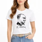 Atatürk Baskılı Tişört Kısa Kollu Bisiklet Yaka T-Shirt - Beyaz