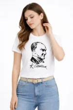 Atatürk Baskılı Tişört Kısa Kollu Bisiklet Yaka T-Shirt - Beyaz - Görsel 3
