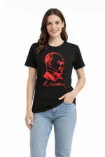 Atatürk Baskılı Tişört Kısa Kollu Bisiklet Yaka  T-Shirt - Siyah - Görsel 3