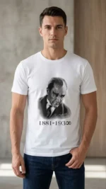 Erkek Atatürk Baskılı Tişört Kısa Kollu Bisiklet Yaka  T-Shirt - Beyaz - Görsel 2