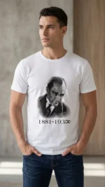 Erkek Atatürk Baskılı Tişört Kısa Kollu Bisiklet Yaka  T-Shirt - Beyaz - Görsel 3