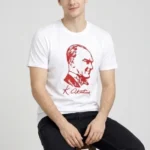 Erkek Atatürk Baskılı Tişört Kısa Kollu Bisiklet Yaka T-Shirt - Beyaz