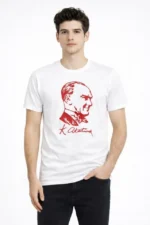 Erkek Atatürk Baskılı Tişört Kısa Kollu Bisiklet Yaka T-Shirt - Beyaz - Görsel 3