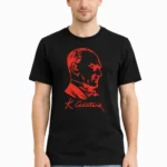 Erkek Atatürk Baskılı Tişört Kısa Kollu Bisiklet Yaka T-Shirt - Siyah