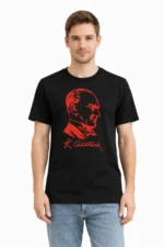 Erkek Atatürk Baskılı Tişört Kısa Kollu Bisiklet Yaka T-Shirt - Siyah