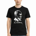 Erkek Atatürk Baskılı Tişört Kısa Kollu Bisiklet Yaka T-Shirt - Siyah