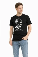 Erkek Atatürk Baskılı Tişört Kısa Kollu Bisiklet Yaka T-Shirt - Siyah - Görsel 3