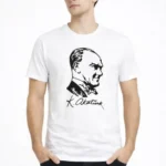 Erkek Atatürk Baskılı Tişört Kısa Kollu Bisiklet Yaka T-Shirt - Beyaz