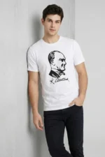 Erkek Atatürk Baskılı Tişört Kısa Kollu Bisiklet Yaka T-Shirt - Beyaz - Görsel 3