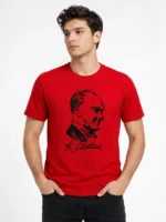 Erkek Atatürk Baskılı Tişört Kısa Kollu Bisiklet Yaka T-Shirt - Kırmızı - Görsel 2