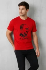 Erkek Atatürk Baskılı Tişört Kısa Kollu Bisiklet Yaka T-Shirt - Kırmızı - Görsel 3