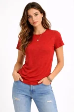 Flam Kumaş Melanj Dokulu Regular Fit Tişört Bisiklet Yaka Yazlık T-Shirt - Kiremit