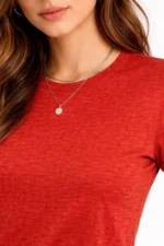 Flam Kumaş Melanj Dokulu Regular Fit Tişört Bisiklet Yaka Yazlık T-Shirt - Kiremit - Görsel 2