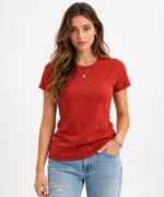 Flam Kumaş Melanj Dokulu Regular Fit Tişört Bisiklet Yaka Yazlık T-Shirt - Kiremit - Görsel 3