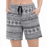 Etnik Desenli Dokuma Şort Lastikli Bel Bağcıklı Cepli Yazlık - Gri
