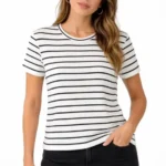 Çizgili Yazlık Triko T-Shirt Bisiklet Yaka Rahat Kalıp Tişört - Beyaz