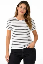 Çizgili Yazlık Triko T-Shirt Bisiklet Yaka Rahat Kalıp Tişört - Beyaz