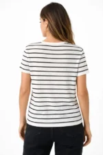 Çizgili Yazlık Triko T-Shirt Bisiklet Yaka Rahat Kalıp Tişört - Beyaz - Görsel 3