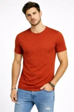 Erkek Flam Kumaş Melanj Dokulu Regular Fit Tişört Bisiklet Yaka Yazlık T-Shirt - Kiremit