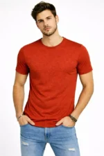 Erkek Flam Kumaş Melanj Dokulu Regular Fit Tişört Bisiklet Yaka Yazlık T-Shirt - Kiremit - Görsel 3