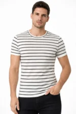 Erkek Çizgili Yazlık Triko T-Shirt Slim Fit Dar Kesim Body Bisiklet Yaka - Beyaz