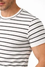 Erkek Çizgili Yazlık Triko T-Shirt Slim Fit Dar Kesim Body Bisiklet Yaka - Beyaz - Görsel 2