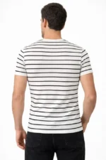 Erkek Çizgili Yazlık Triko T-Shirt Slim Fit Dar Kesim Body Bisiklet Yaka - Beyaz - Görsel 3