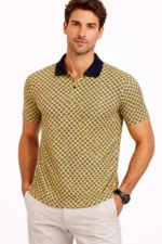 Erkek Pike Kumaş Polo Yaka Desenli Tişört Kısa Kol Yazlık T-Shirt - Sarı