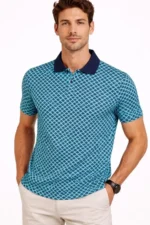 Erkek Pike Kumaş Polo Yaka Desenli Tişört Kısa Kol Yazlık T-Shirt - Turkuaz