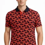 Erkek Pike Kumaş Polo Yaka Palmiye Desenli Tişört Kısa Kol Yazlık T-Shirt - Kırmızı
