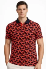 Erkek Pike Kumaş Polo Yaka Palmiye Desenli Tişört Kısa Kol Yazlık T-Shirt - Kırmızı