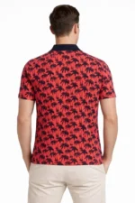 Erkek Pike Kumaş Polo Yaka Palmiye Desenli Tişört Kısa Kol Yazlık T-Shirt - Kırmızı - Görsel 3