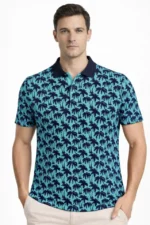 Erkek Pike Kumaş Polo Yaka Palmiye Desenli Tişört Kısa Kol Yazlık T-Shirt - Turkuaz - Görsel 2