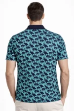 Erkek Pike Kumaş Polo Yaka Palmiye Desenli Tişört Kısa Kol Yazlık T-Shirt - Turkuaz - Görsel 3