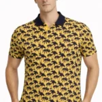 Erkek Pike Kumaş Polo Yaka Palmiye Desenli Tişört Kısa Kol Yazlık T-Shirt - Sarı