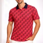 Erkek Pike Kumaş Polo Yaka Palmiye Desenli Tişört Kısa Kol Yazlık T-Shirt - Kırmızı