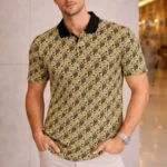 Erkek Pike Kumaş Polo Yaka Palmiye Desenli Tişört Kısa Kol Yazlık T-Shirt - Sarı