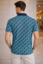 Erkek Pike Kumaş Polo Yaka Palmiye Desenli Tişört Kısa Kol Yazlık T-Shirt - Turkuaz - Görsel 2
