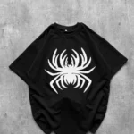 Erkek Örümcek Baskılı Tişört Kısa Kollu Bisiklet Yaka T-Shirt - Siyah