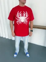 Erkek Örümcek Baskılı Tişört Kısa Kollu Bisiklet Yaka T-Shirt - Kırmızı - Görsel 2
