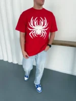 Erkek Örümcek Baskılı Tişört Kısa Kollu Bisiklet Yaka T-Shirt - Kırmızı - Görsel 3