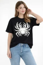 Örümcek Baskılı Tişört Kısa Kollu Bisiklet Yaka T-Shirt - Siyah