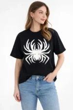 Örümcek Baskılı Tişört Kısa Kollu Bisiklet Yaka T-Shirt - Siyah - Görsel 2