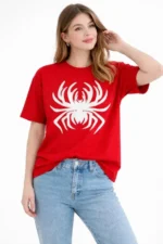 Örümcek Baskılı Tişört Kısa Kollu Bisiklet Yaka T-Shirt - Kırmızı